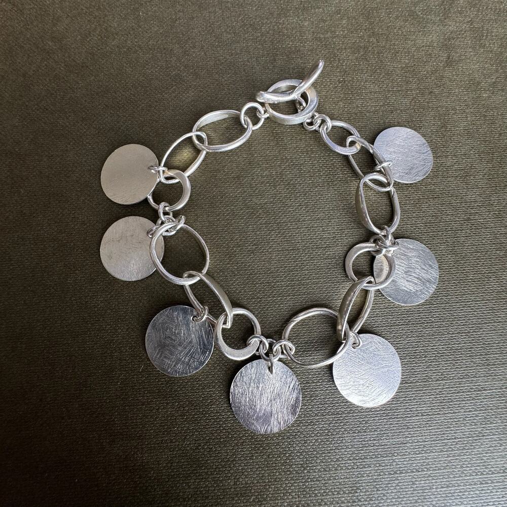Vintage Modern 925 Sterling Silver Hammered Silver Disc & Chain Cha Cha Bracelet